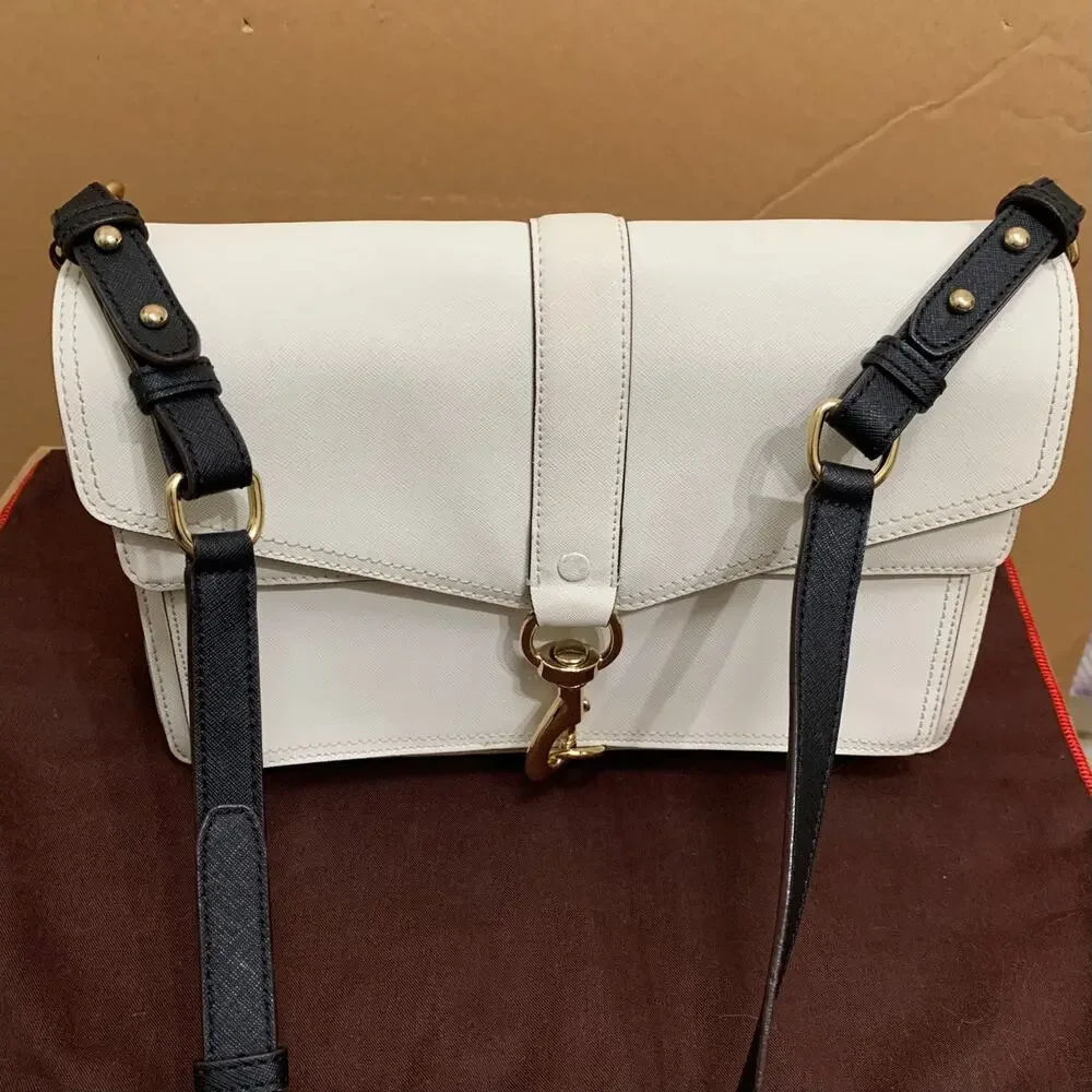 REBECCA MINKOFF White Saffiano Leather HUDSON Flap Large Xbody Msgr Black Trim